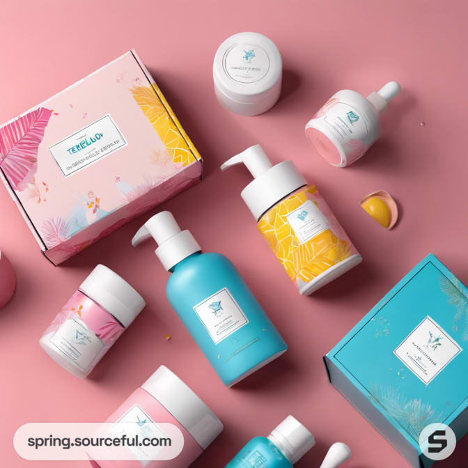 Skincare set in colorful boxes on pink background.