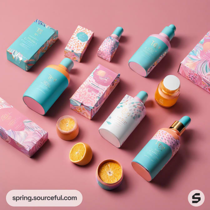 Assorted cosmetic packaging in pink and teal colors.