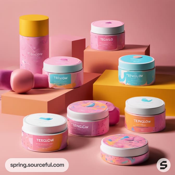 Skincare jars and bottles on pink and orange boxes.