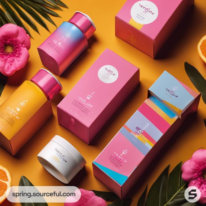 Bright pink and orange skincare packaging with tropical accents.