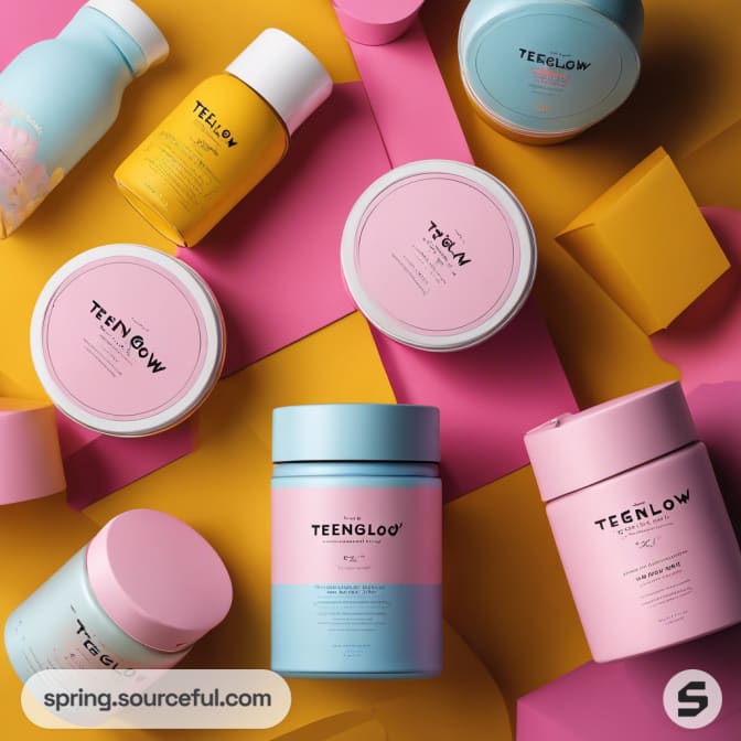 Pastel jars and bottles on colorful geometric shapes.