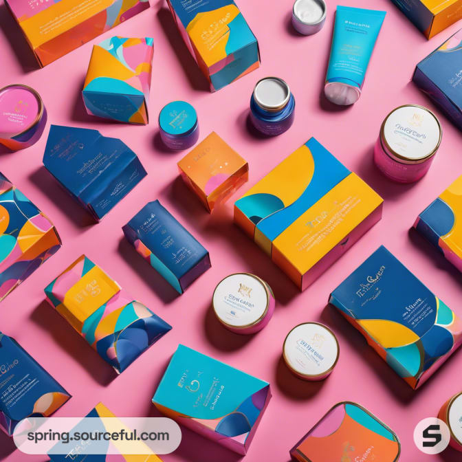 Colorful, abstract-patterned cosmetic boxes arranged neatly.