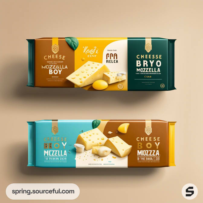 Colorful cheese packaging in block and strip formats.