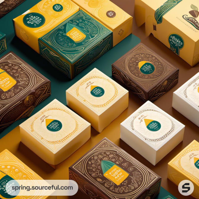 Decorative cube boxes with intricate cheese packaging.