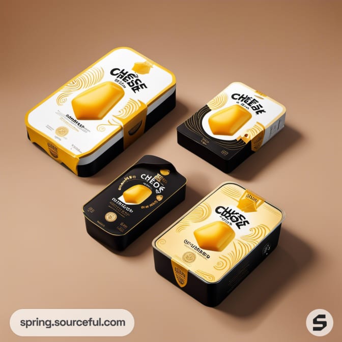 Elegant cheese boxes with abstract designs and cheese shapes.