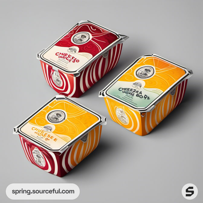 Vibrant cheese containers with swirling patterns and lids.
