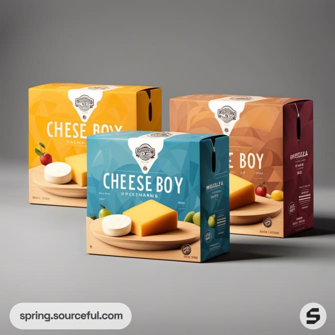 Bold geometric cheese boxes in various colors and sizes.