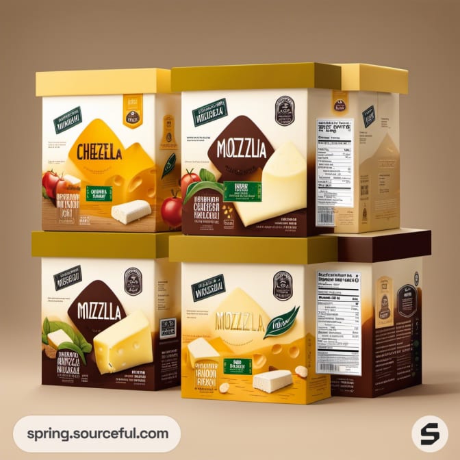 Stacked cheese boxes with ingredient imagery on front panel.