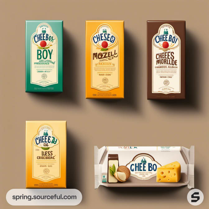 Variety of cheese packages with vintage-style designs.