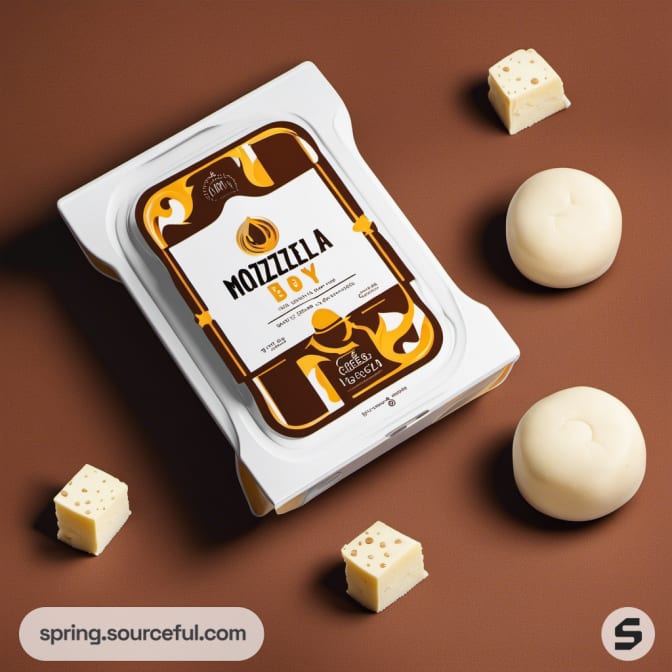 Brown and white cheese packaging with rectangular box and cheese pieces.
