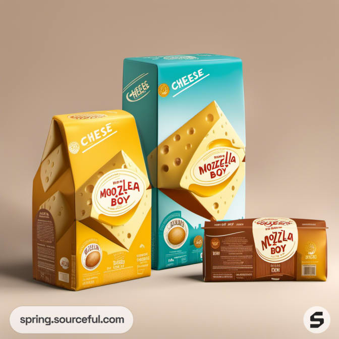 Triangular and rectangular cheese boxes in yellow and blue.