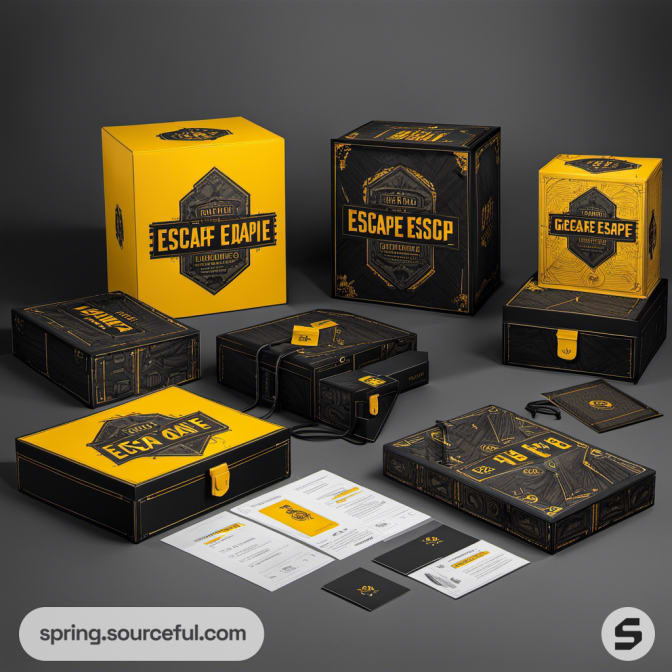 Escape room game boxes with cards displayed on a grey background.