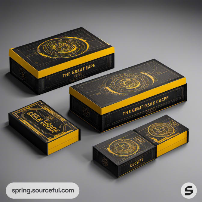 Rectangular escape room boxes with celestial designs in black and yellow.