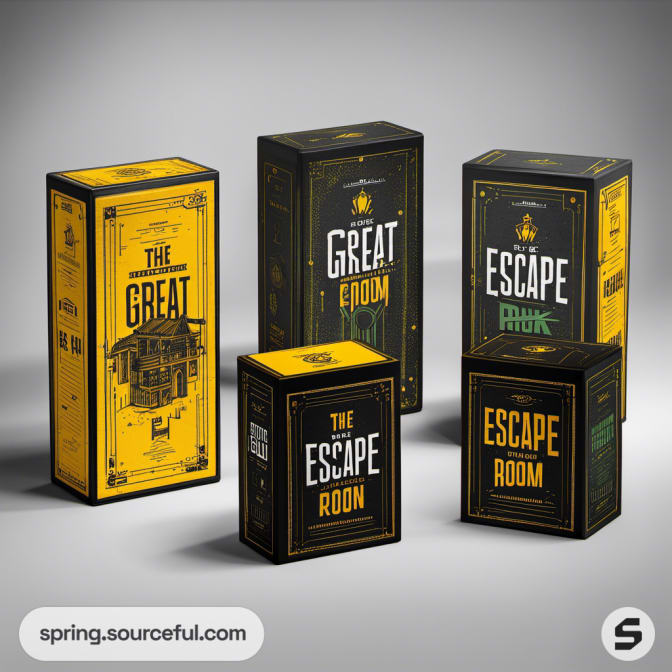 Tall and narrow escape room boxes with vintage-style illustrations.