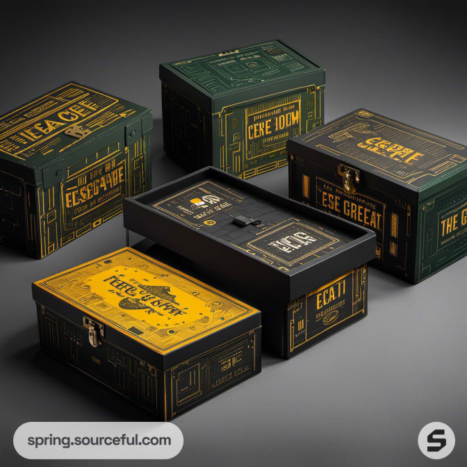 Escape room boxes with green and yellow designs featuring intricate text.