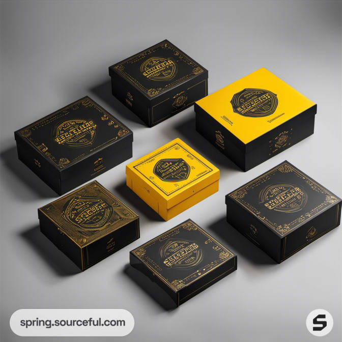 Gift boxes with black and yellow escape room theme on a grey surface.