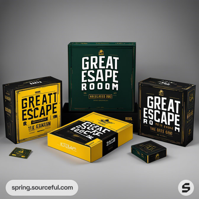 Great Escape room boxes in green and yellow on a grey background.