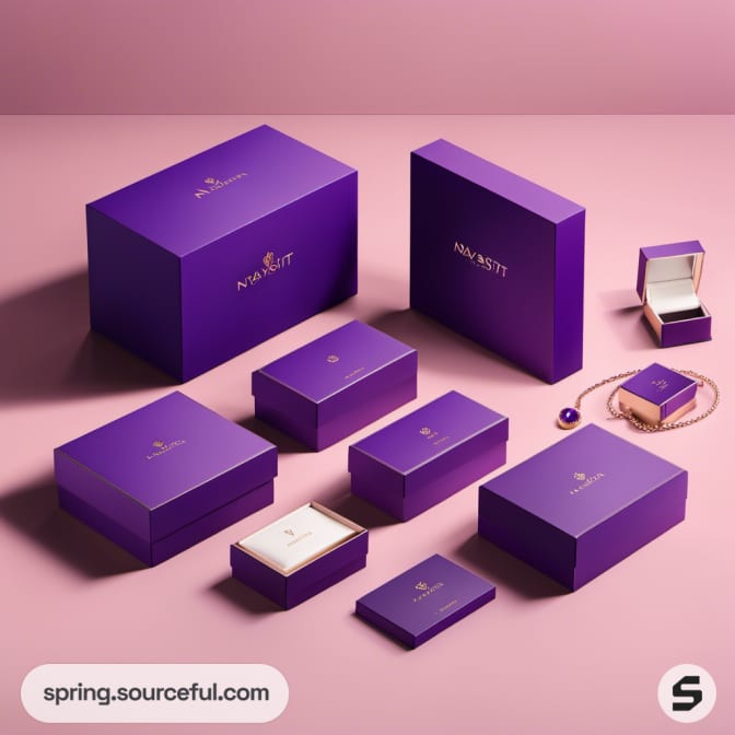 Assorted purple jewelry boxes on a pink surface, various sizes.