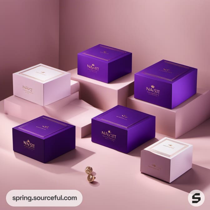 Purple and white boxes arranged on steps with jewelry items.