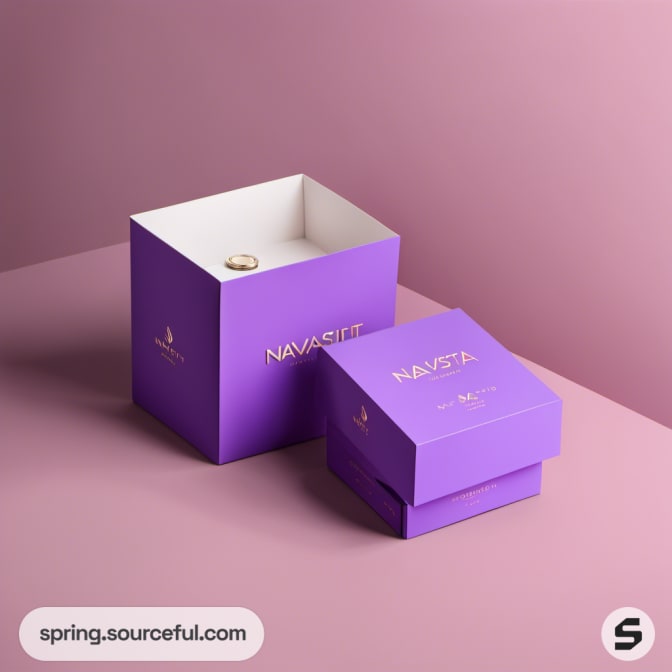 Two purple boxes with lids slightly open on a pink background.