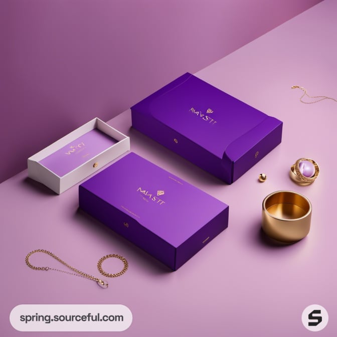 Purple packaging with jewelry items like rings and necklaces displayed.