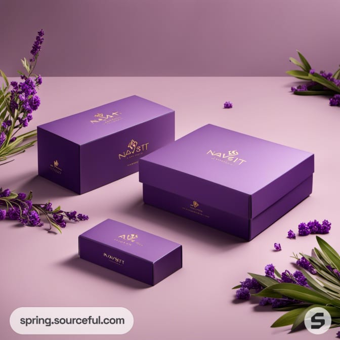 Lavender-themed purple boxes surrounded by greenery.