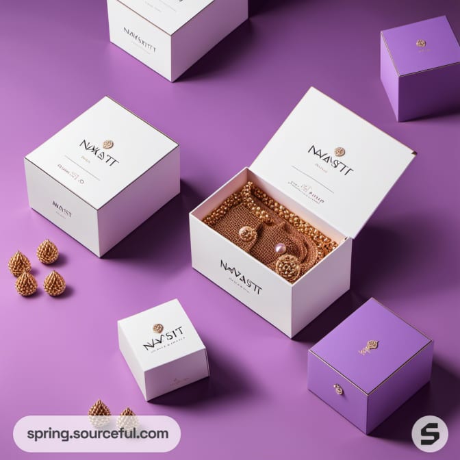 Open white box revealing jewelry on a purple backdrop.