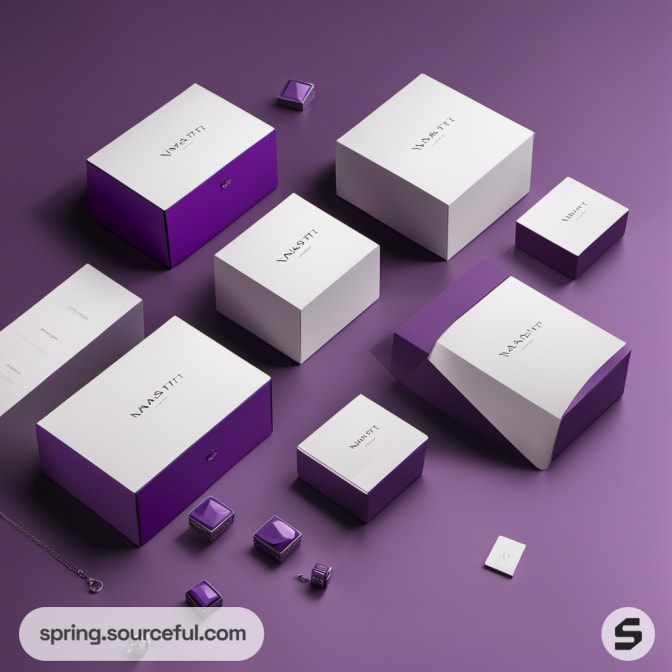 Assorted purple and white box packaging on a purple surface.