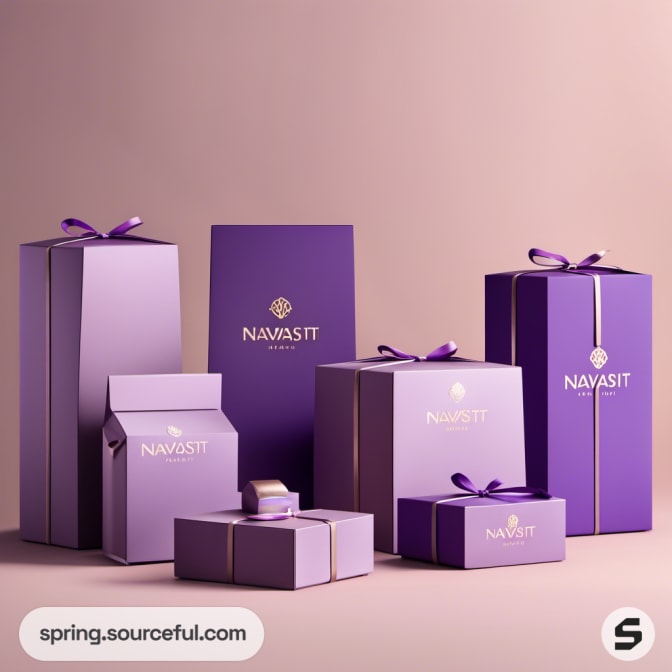 Tall purple gift boxes with ribbon on a beige background.