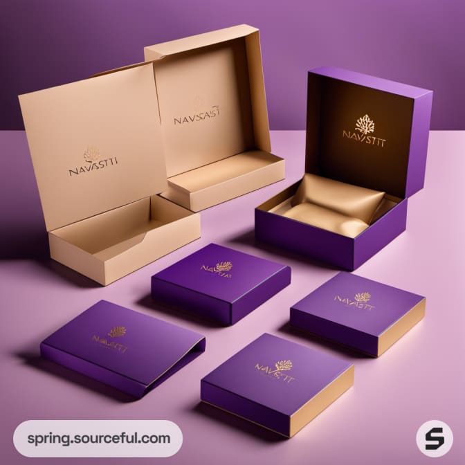 Various open purple and beige boxes on a purple surface.