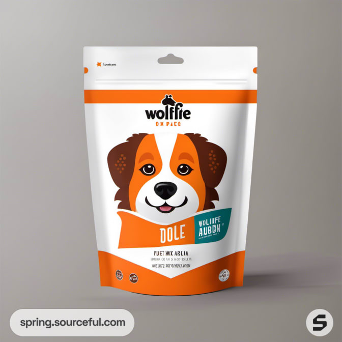 Orange resealable pouch with a cartoon dog design and product description.