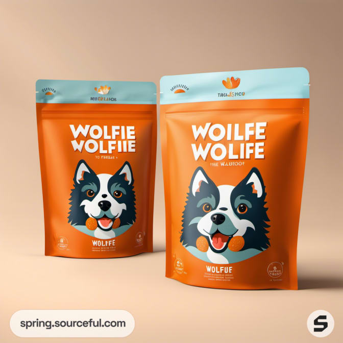 Two orange resealable pouches with dog illustrations and bold text 'WOLFIE WOLFIE'.