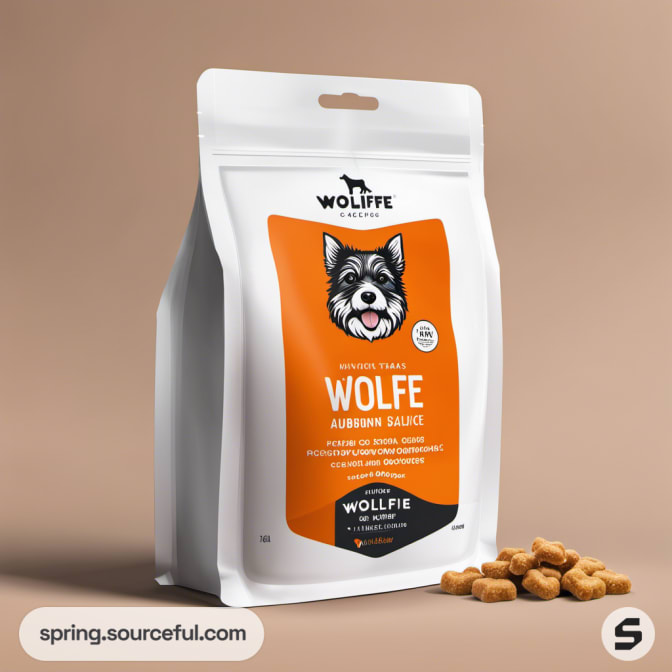 White resealable pouch with orange label featuring a cartoon dog and treats.