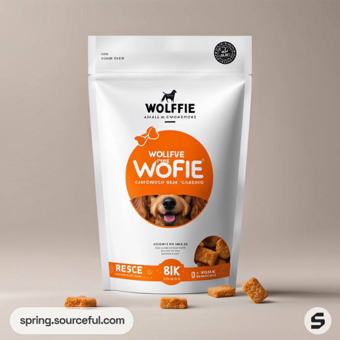 White resealable bag with orange label featuring an image of a small dog and treats.