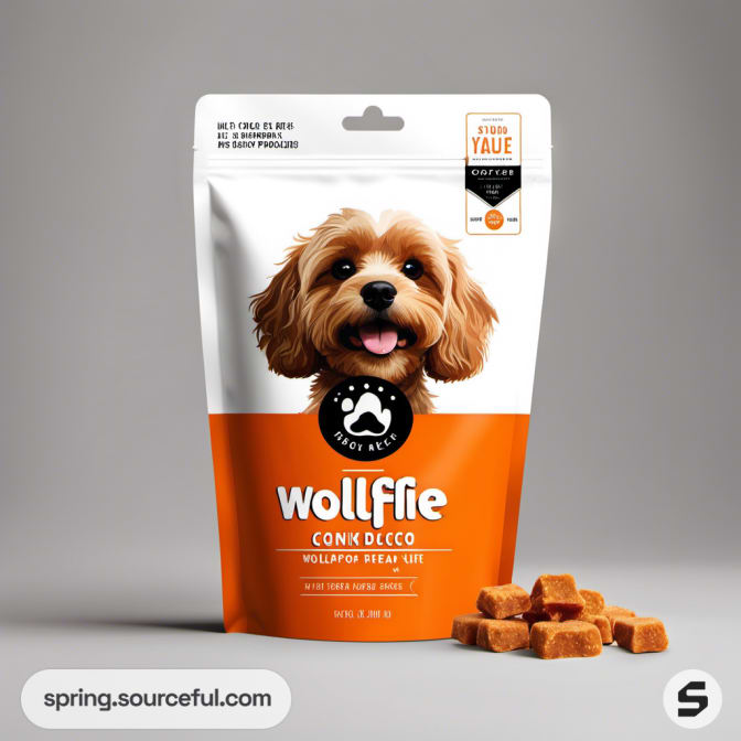 Orange resealable pouch with a small dog image and scattered cube treats.