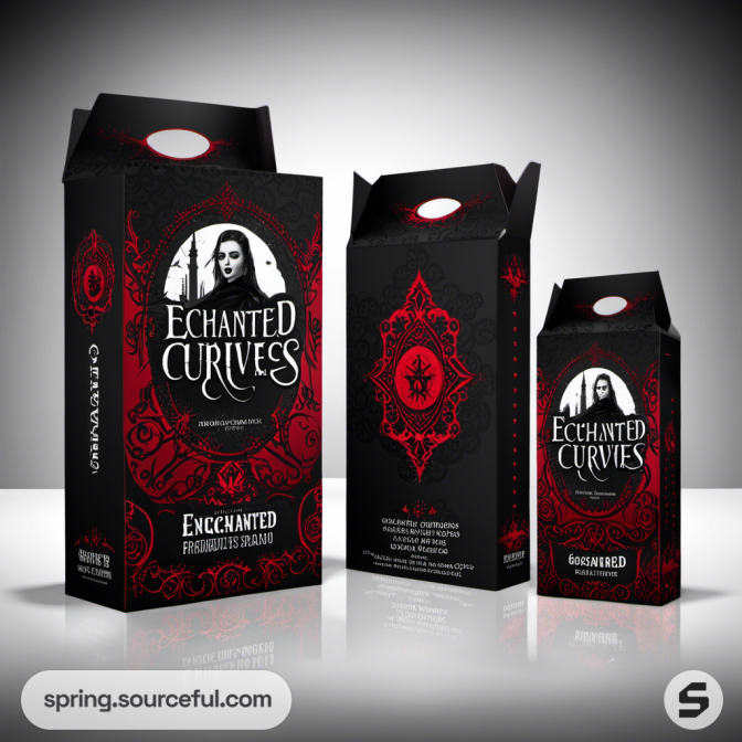 Black and red gothic-themed packaging with a woman illustration, labeled 'Enchanted Curves'.