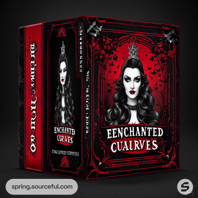 Gothic-themed box with a woman illustration and ornate red and black design.