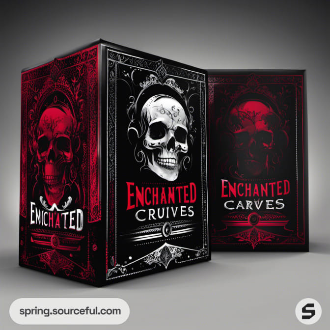 Dark skull-themed packaging, labeled 'Enchanted Curves', in red and black.