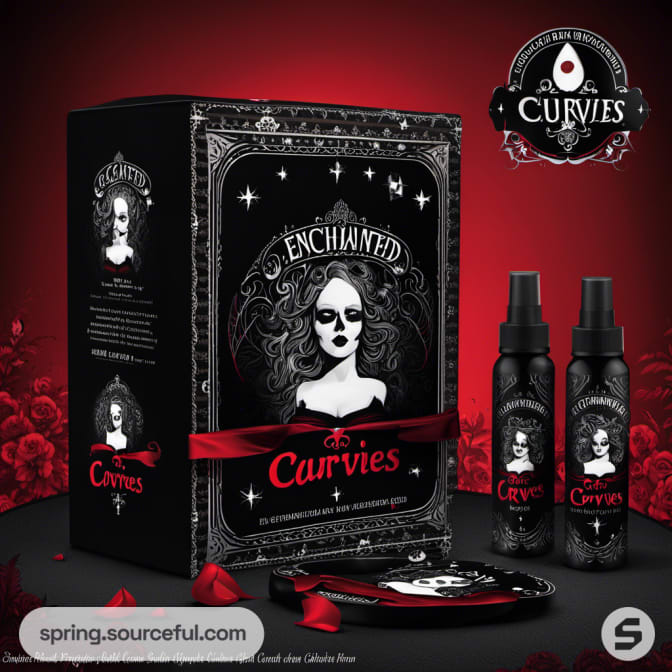 Box with gothic theme, woman illustration, and two spray bottles, 'Curves' labeled.