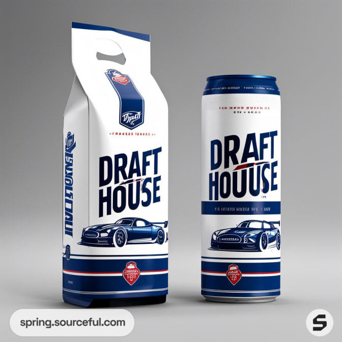 White and blue drink packaging featuring a car design.