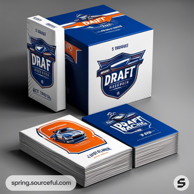 Box and card set with a vintage car motif in blue and orange.