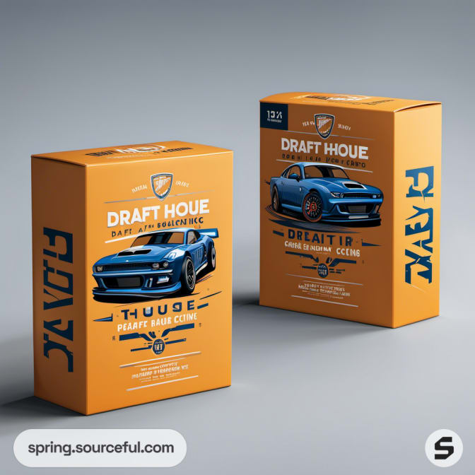 Orange racing-themed boxes featuring luxury cars and designs.