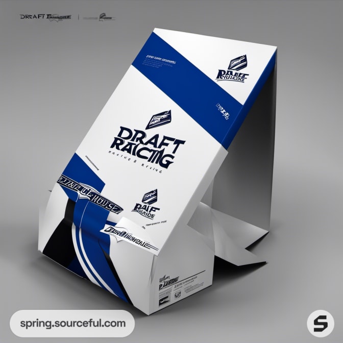 Cardboard stand with white and blue racing graphics.