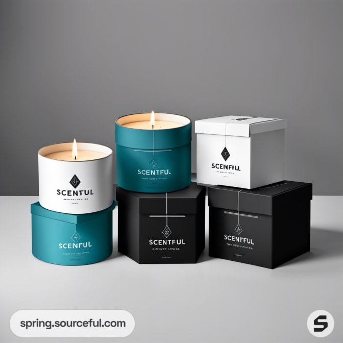 Stack of candles with black, teal, and white packaging.