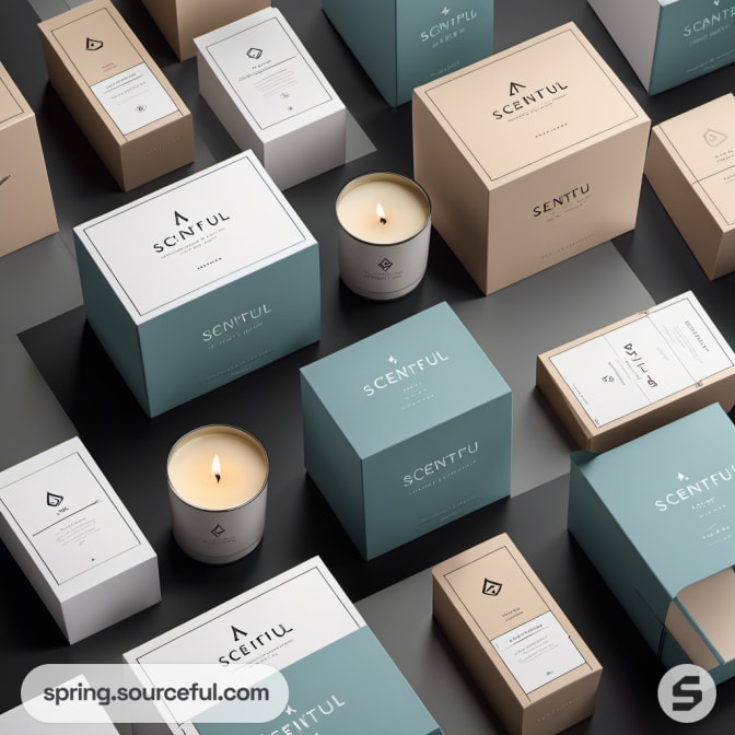 Assorted Scentful candle boxes in various colors and sizes.