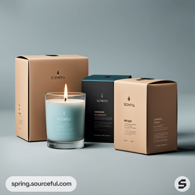 Candle and boxes in teal and beige packaging, mint-green candle lit.