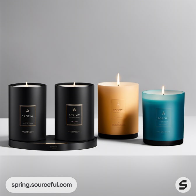 Four candles in matte black, beige, and teal, varying heights.