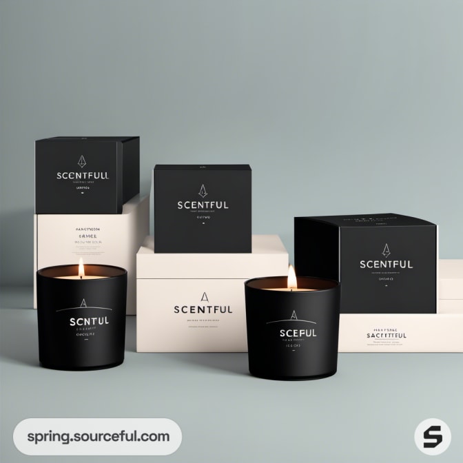 Black and white candle boxes with two black candles lit.