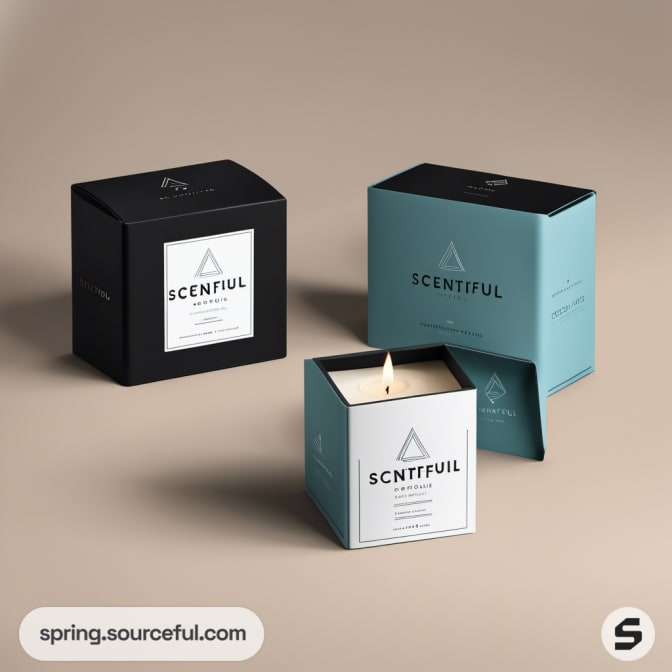 Three candle boxes in black, teal, and beige against neutral background.