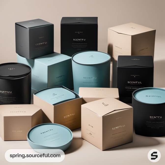 Assortment of candle boxes in black, teal, and beige.